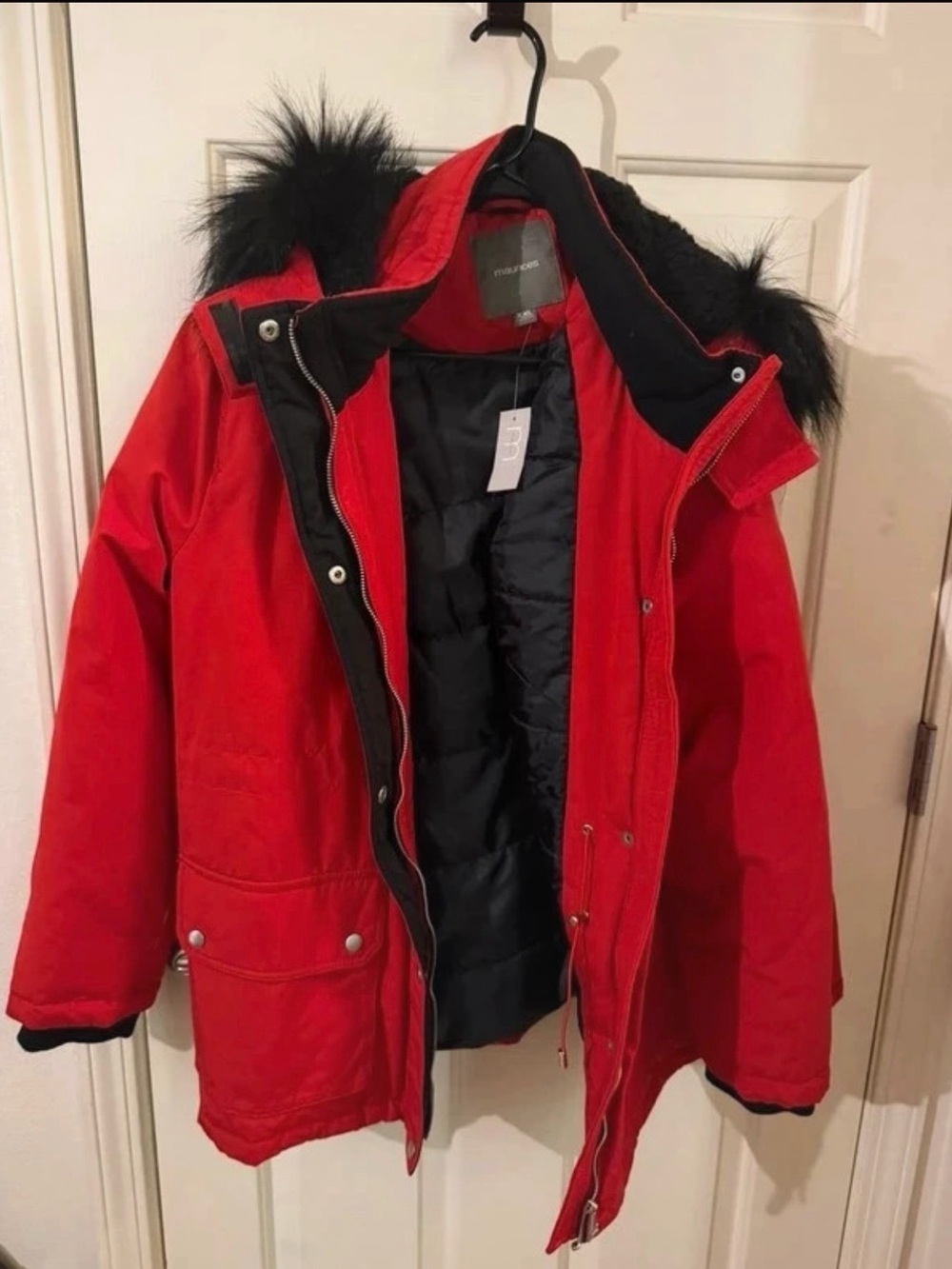 Maurices Red Parka with Black Faux Fur Trim